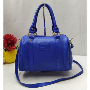 Terzetto Blue Pebbled Leather Double Handle Zipper Closure Satchel Shoulder Bag